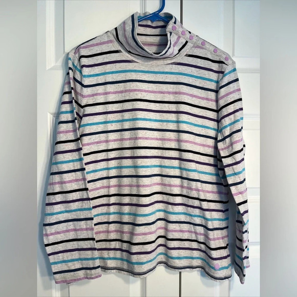 T by Talbots Sweater Gray Purple Mock Neck Stripe Pullover Knit Shirt Snap XL - Picture 1 of 8
